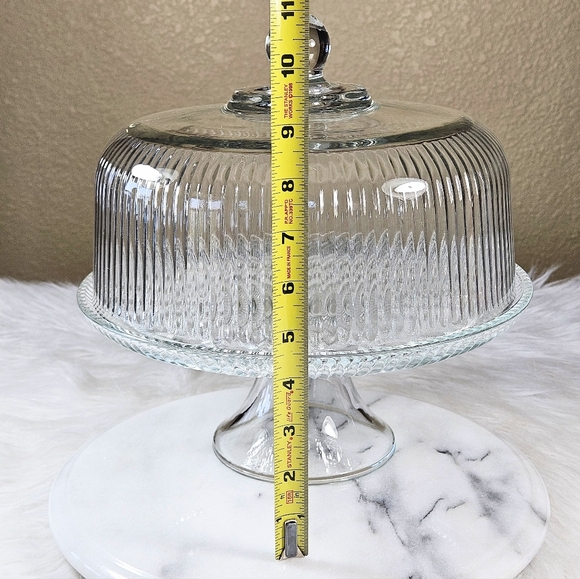 Anchor Hocking Monaco Ribbed Glass Cake Dome And Windsor Button Cane Plate - Picture 3 of 7